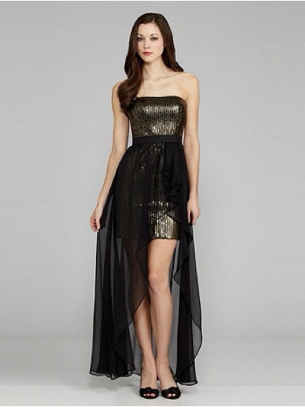 Aidan Mattox Black and Gold High-Low Sequin Cocktail Dress